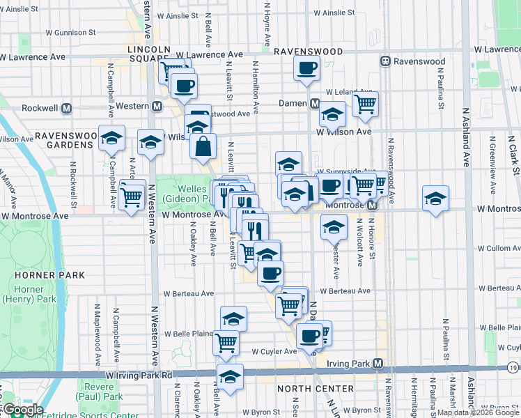 map of restaurants, bars, coffee shops, grocery stores, and more near 2130 West Pensacola Avenue in Chicago