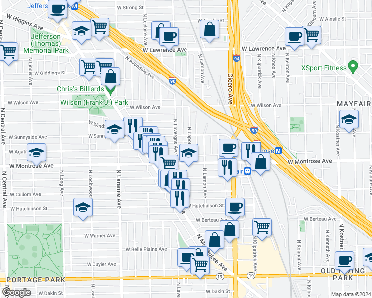 map of restaurants, bars, coffee shops, grocery stores, and more near 4936 West Montrose Avenue in Chicago