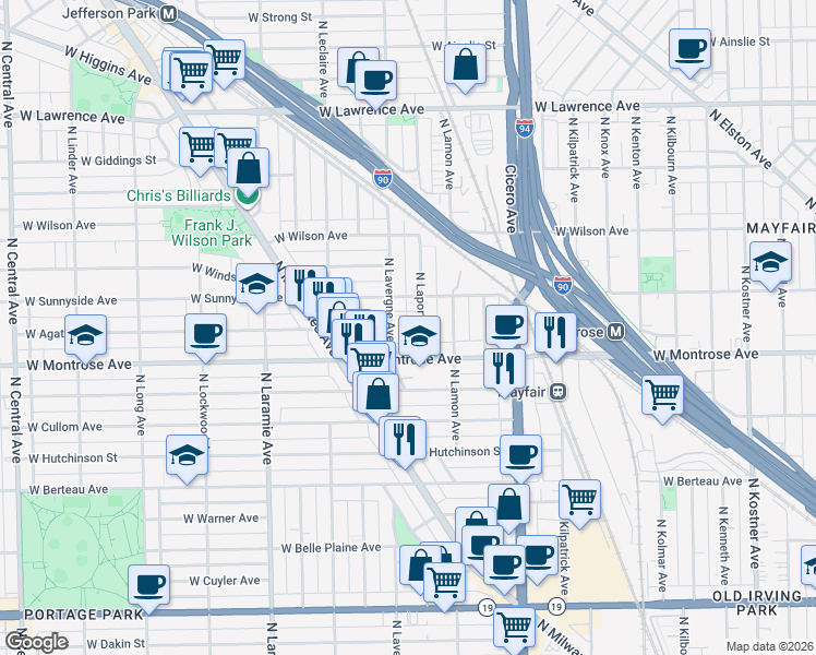 map of restaurants, bars, coffee shops, grocery stores, and more near 4936 West Montrose Avenue in Chicago