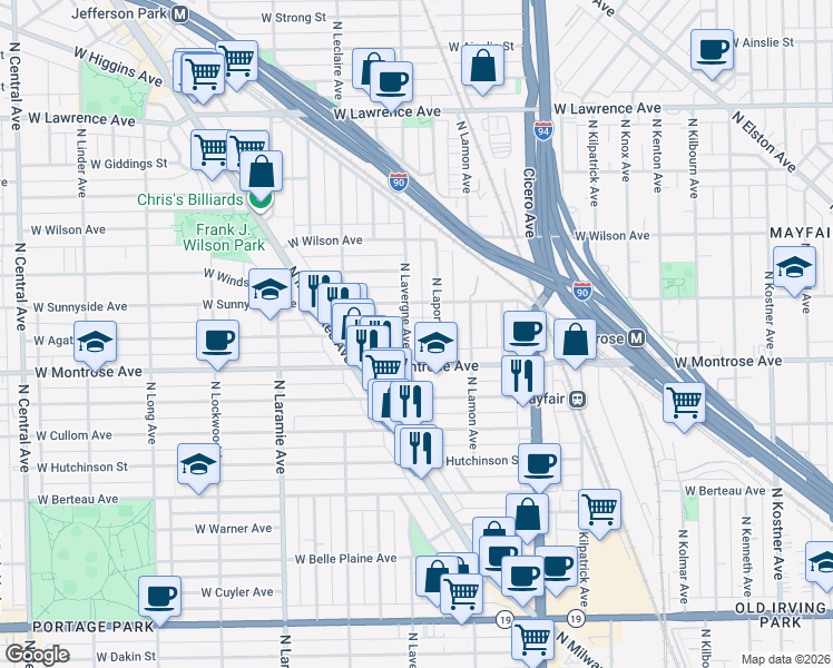 map of restaurants, bars, coffee shops, grocery stores, and more near 4936 West Montrose Avenue in Chicago