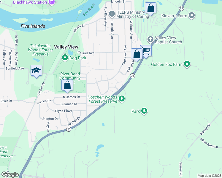 map of restaurants, bars, coffee shops, grocery stores, and more near 6N325 Whitmore Circle in St. Charles