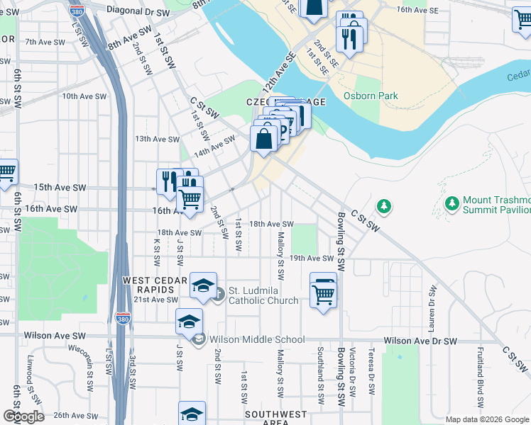 map of restaurants, bars, coffee shops, grocery stores, and more near 1801 Hamilton Street Southwest in Cedar Rapids