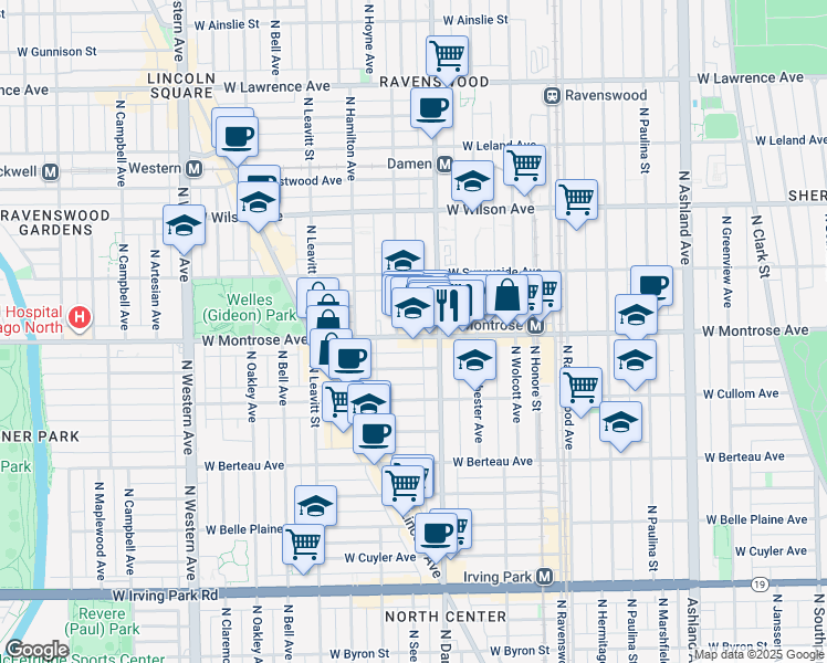 map of restaurants, bars, coffee shops, grocery stores, and more near 2020 West Montrose Avenue in Chicago