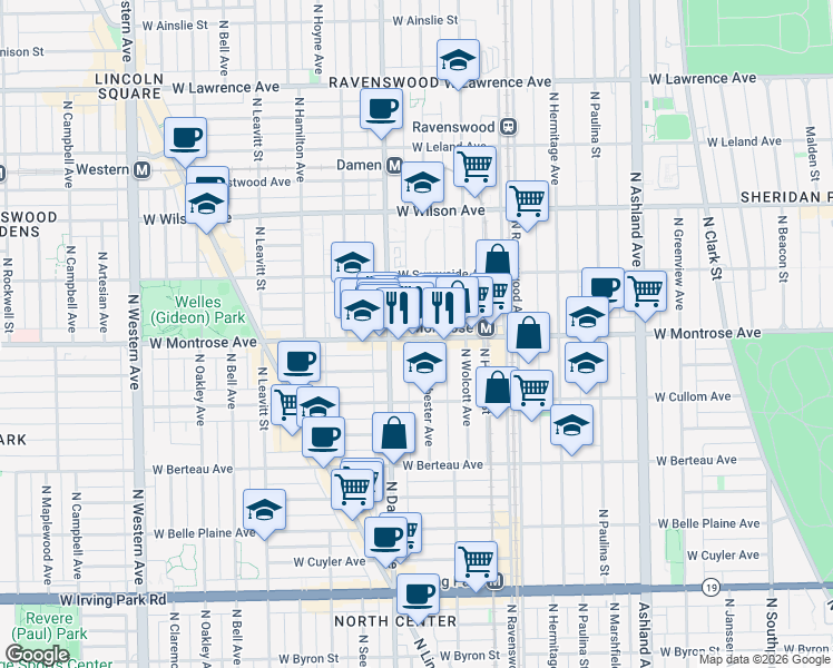 map of restaurants, bars, coffee shops, grocery stores, and more near 1944 West Montrose Avenue in Chicago