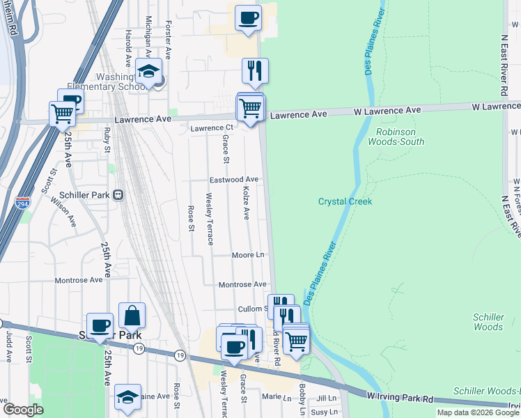 map of restaurants, bars, coffee shops, grocery stores, and more near 4540 North River Road in Schiller Park