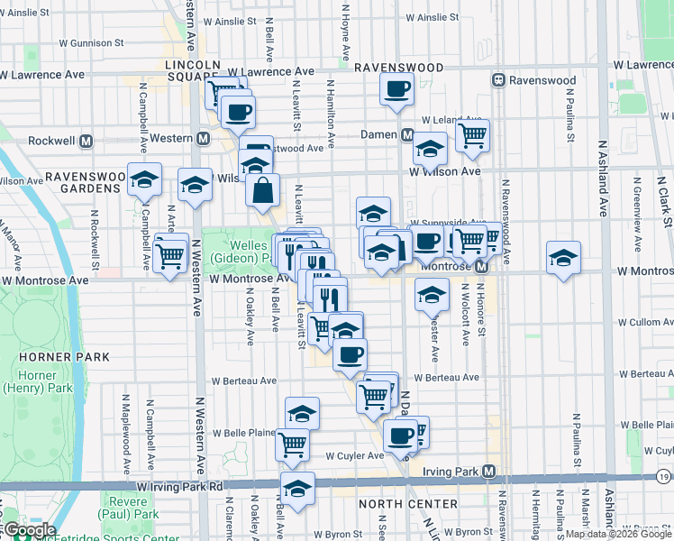 map of restaurants, bars, coffee shops, grocery stores, and more near 2130 West Pensacola Avenue in Chicago