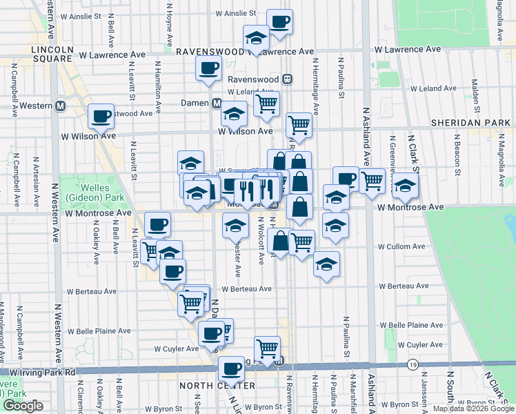 map of restaurants, bars, coffee shops, grocery stores, and more near 1902 West Montrose Avenue in Chicago