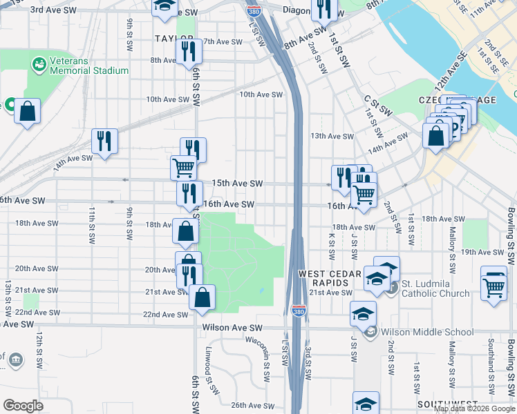 map of restaurants, bars, coffee shops, grocery stores, and more near 1601 N Street Southwest in Cedar Rapids