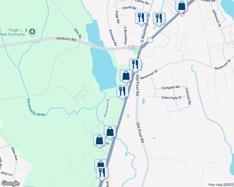 map of restaurants, bars, coffee shops, grocery stores, and more near 633 South Washington Street in North Attleborough