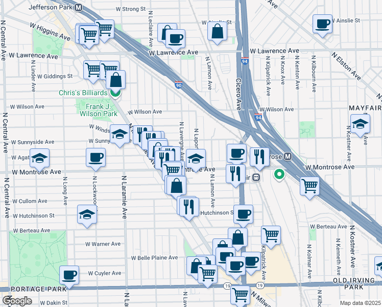 map of restaurants, bars, coffee shops, grocery stores, and more near 4936 West Montrose Avenue in Chicago