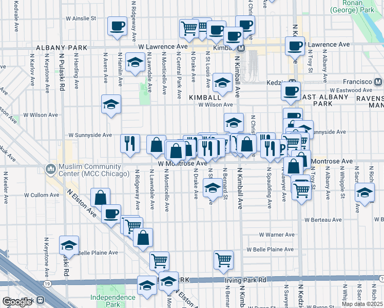 map of restaurants, bars, coffee shops, grocery stores, and more near 3535 West Montrose Avenue in Chicago