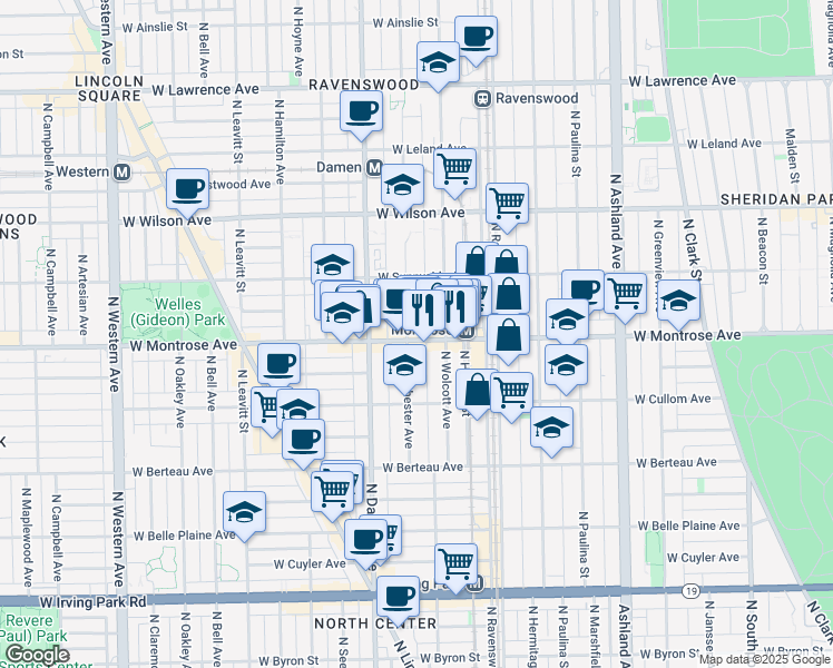 map of restaurants, bars, coffee shops, grocery stores, and more near 4344 North Wolcott Avenue in Chicago