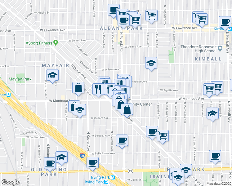 map of restaurants, bars, coffee shops, grocery stores, and more near 4423 North Keystone Avenue in Chicago