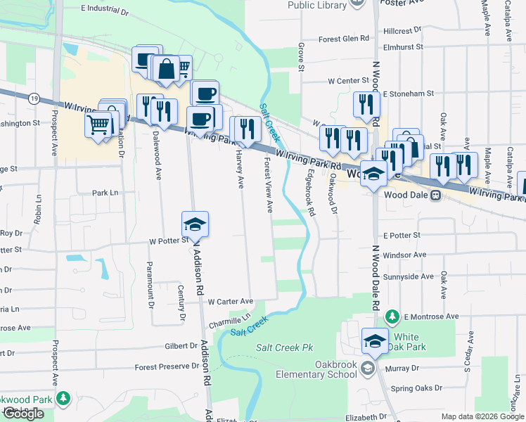 map of restaurants, bars, coffee shops, grocery stores, and more near 230 Forest View Avenue in Wood Dale