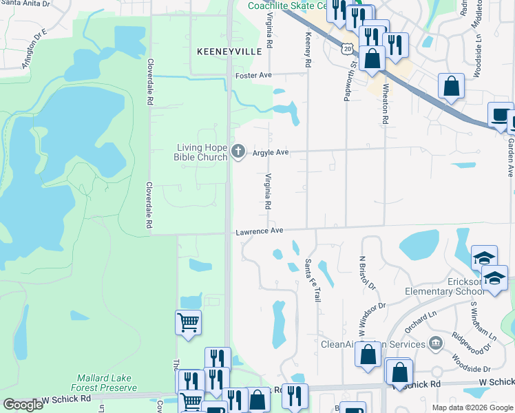 map of restaurants, bars, coffee shops, grocery stores, and more near 25W350 Lawrence Avenue in Roselle