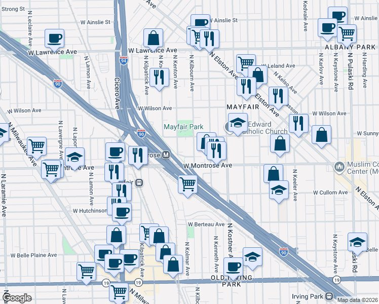 map of restaurants, bars, coffee shops, grocery stores, and more near 4426 North Kilbourn Avenue in Chicago