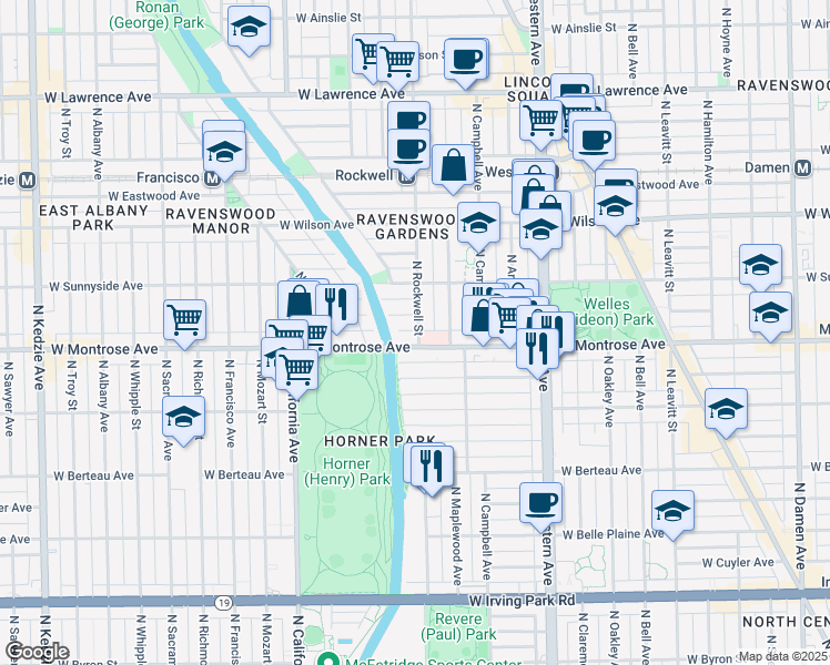 map of restaurants, bars, coffee shops, grocery stores, and more near 2551 West Montrose Avenue in Chicago