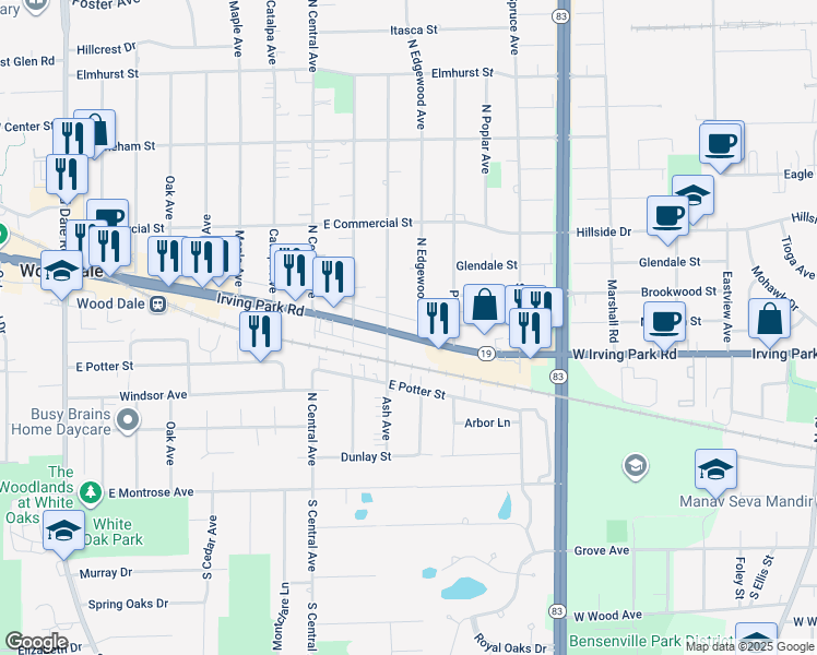 map of restaurants, bars, coffee shops, grocery stores, and more near 401 West Irving Park Road in Wood Dale