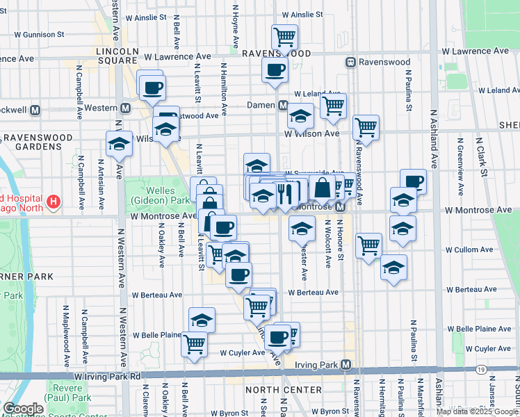 map of restaurants, bars, coffee shops, grocery stores, and more near 4346 North Damen Avenue in Chicago