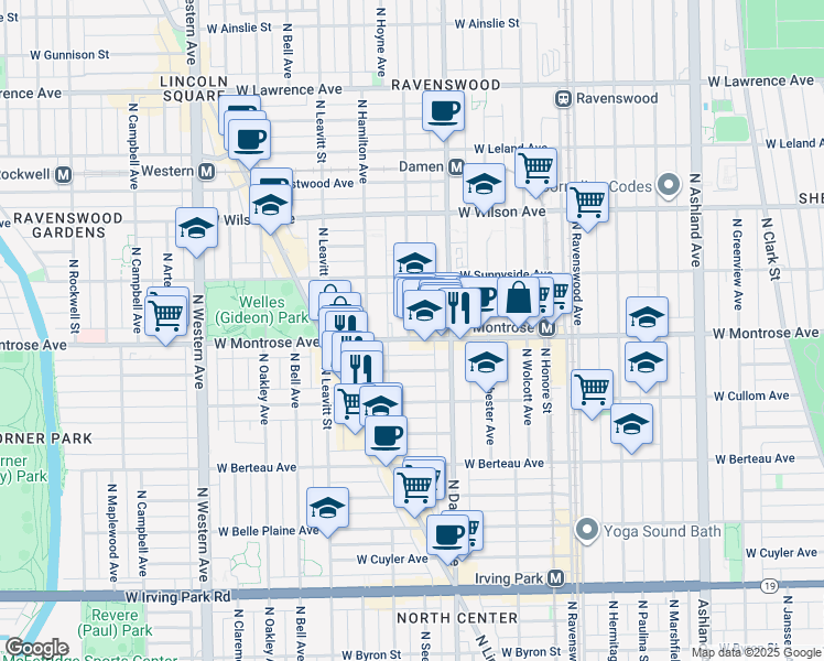 map of restaurants, bars, coffee shops, grocery stores, and more near 2047 West Montrose Avenue in Chicago