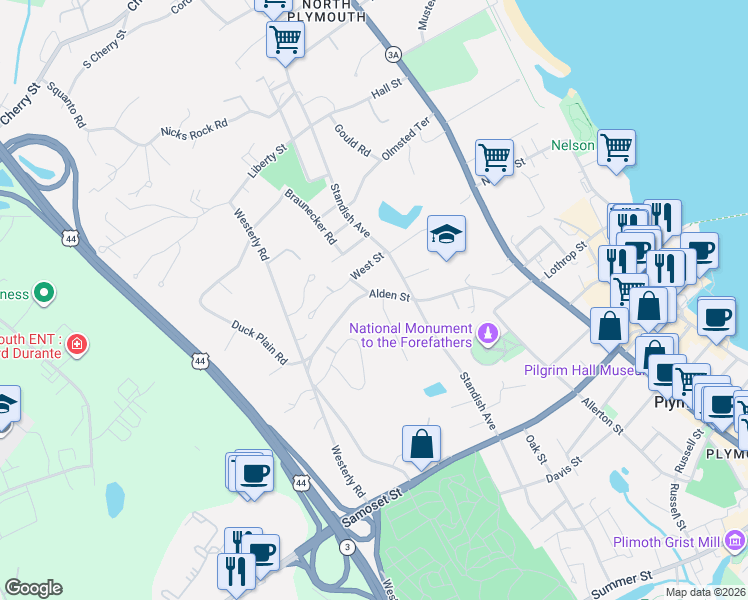 map of restaurants, bars, coffee shops, grocery stores, and more near 66 Alden Street in Plymouth