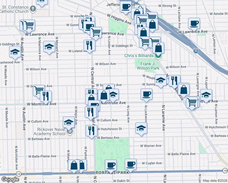 map of restaurants, bars, coffee shops, grocery stores, and more near 5500 West Montrose Avenue in Chicago