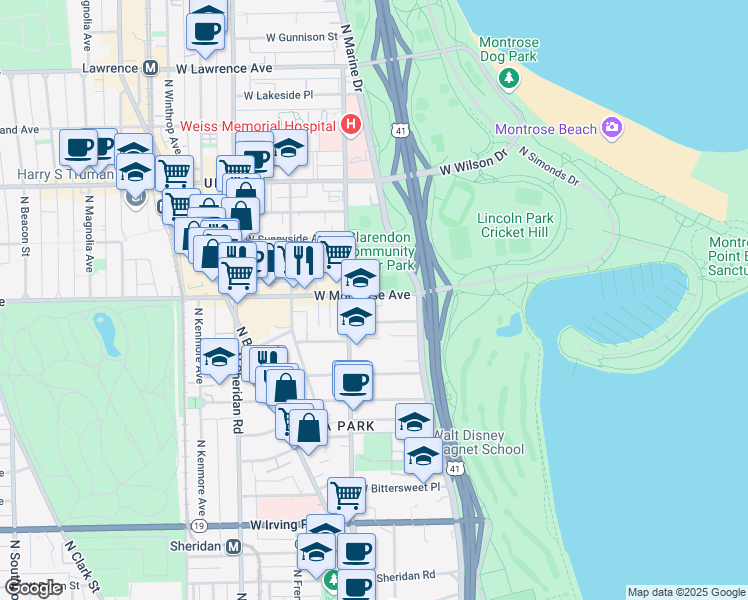 map of restaurants, bars, coffee shops, grocery stores, and more near 725 West Montrose Avenue in Chicago
