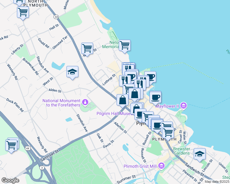 map of restaurants, bars, coffee shops, grocery stores, and more near 119 Court Street in Plymouth