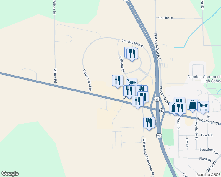 map of restaurants, bars, coffee shops, grocery stores, and more near 16238-16270 Tecumseh Road in Dundee