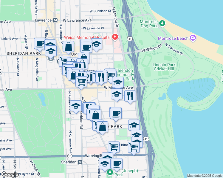 map of restaurants, bars, coffee shops, grocery stores, and more near 4321 North Dayton Street in Chicago