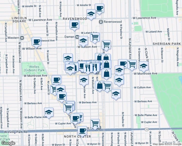 map of restaurants, bars, coffee shops, grocery stores, and more near 4344 North Wolcott Avenue in Chicago