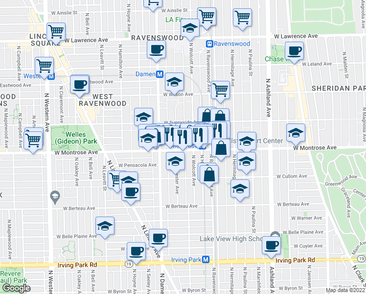 map of restaurants, bars, coffee shops, grocery stores, and more near 4344 North Wolcott Avenue in Chicago