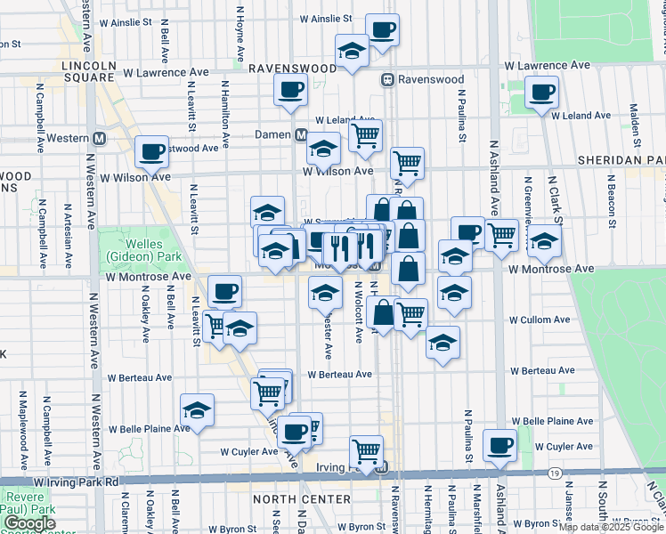 map of restaurants, bars, coffee shops, grocery stores, and more near 4344 North Wolcott Avenue in Chicago