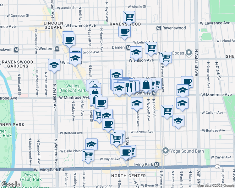 map of restaurants, bars, coffee shops, grocery stores, and more near 4346 North Damen Avenue in Chicago