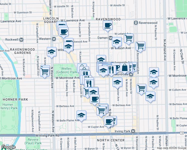 map of restaurants, bars, coffee shops, grocery stores, and more near 2047 West Montrose Avenue in Chicago