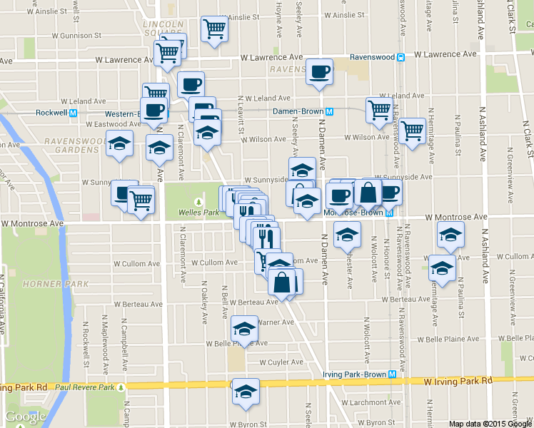 map of restaurants, bars, coffee shops, grocery stores, and more near 2130 West Pensacola Avenue in Chicago