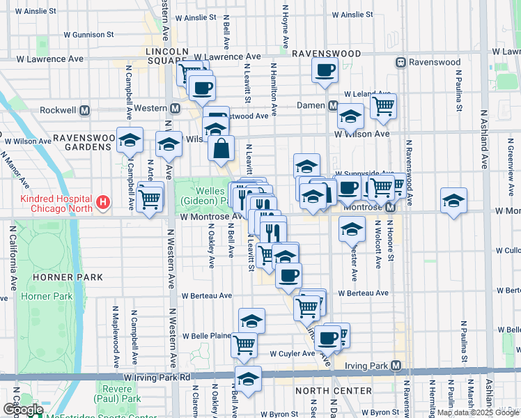 map of restaurants, bars, coffee shops, grocery stores, and more near 2130 West Pensacola Avenue in Chicago