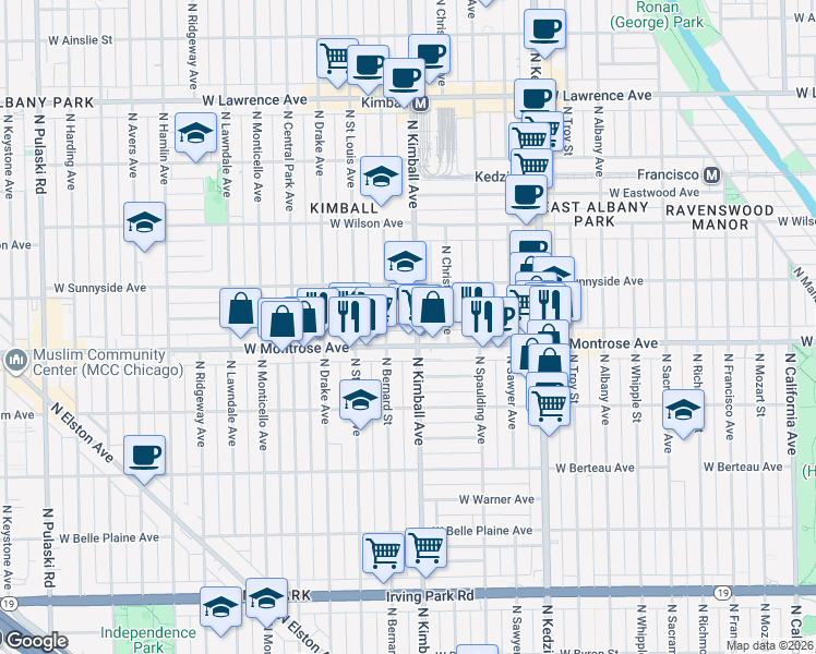 map of restaurants, bars, coffee shops, grocery stores, and more near 3419 West Montrose Avenue in Chicago
