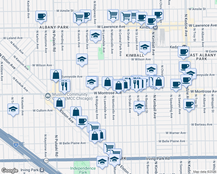 map of restaurants, bars, coffee shops, grocery stores, and more near 4427 North Lawndale Avenue in Chicago