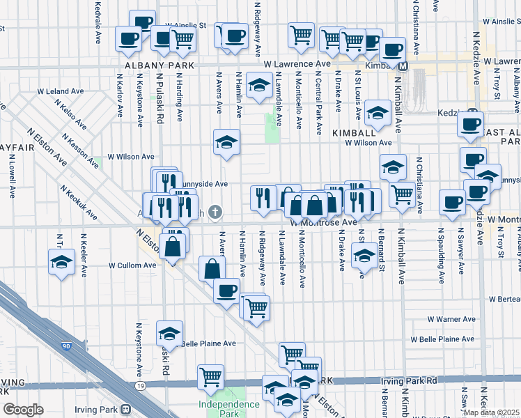map of restaurants, bars, coffee shops, grocery stores, and more near 3725 West Montrose Avenue in Chicago