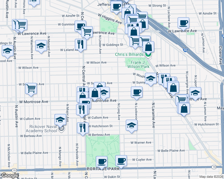 map of restaurants, bars, coffee shops, grocery stores, and more near 5430 West Montrose Avenue in Chicago