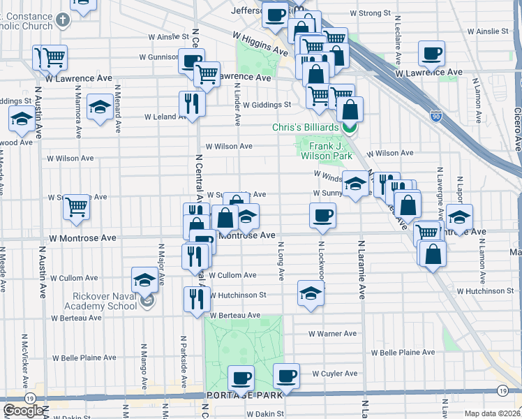 map of restaurants, bars, coffee shops, grocery stores, and more near 5430 West Montrose Avenue in Chicago