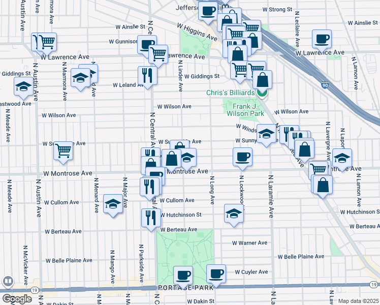 map of restaurants, bars, coffee shops, grocery stores, and more near 5430 West Montrose Avenue in Chicago