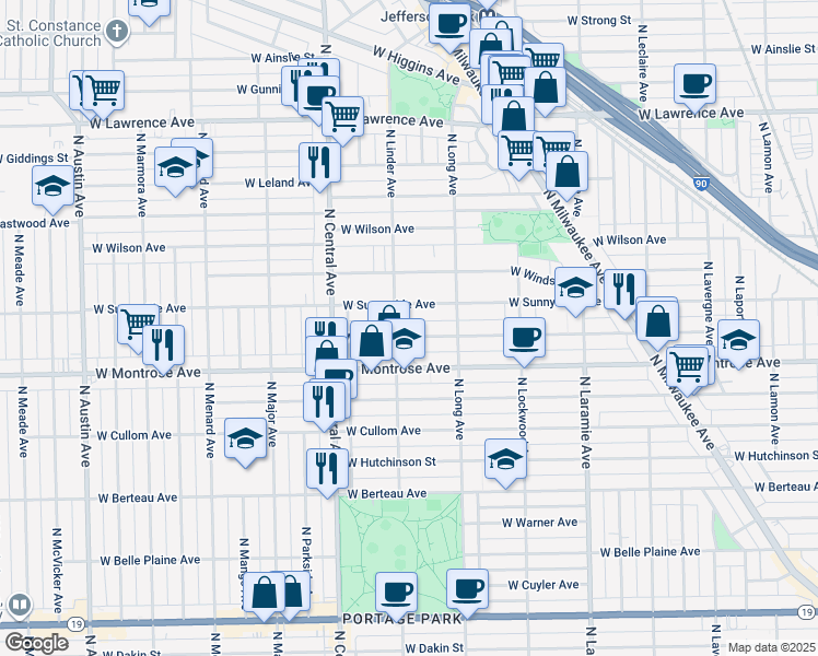 map of restaurants, bars, coffee shops, grocery stores, and more near 5500 West Montrose Avenue in Chicago