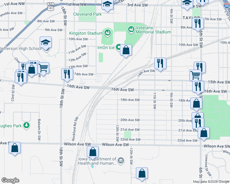 map of restaurants, bars, coffee shops, grocery stores, and more near 1300 18th Avenue Southwest in Cedar Rapids
