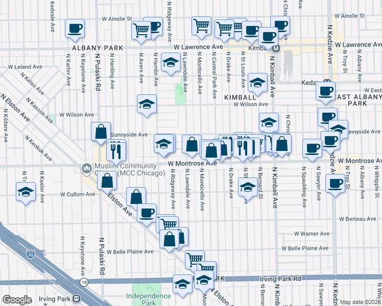 map of restaurants, bars, coffee shops, grocery stores, and more near 4427 North Lawndale Avenue in Chicago