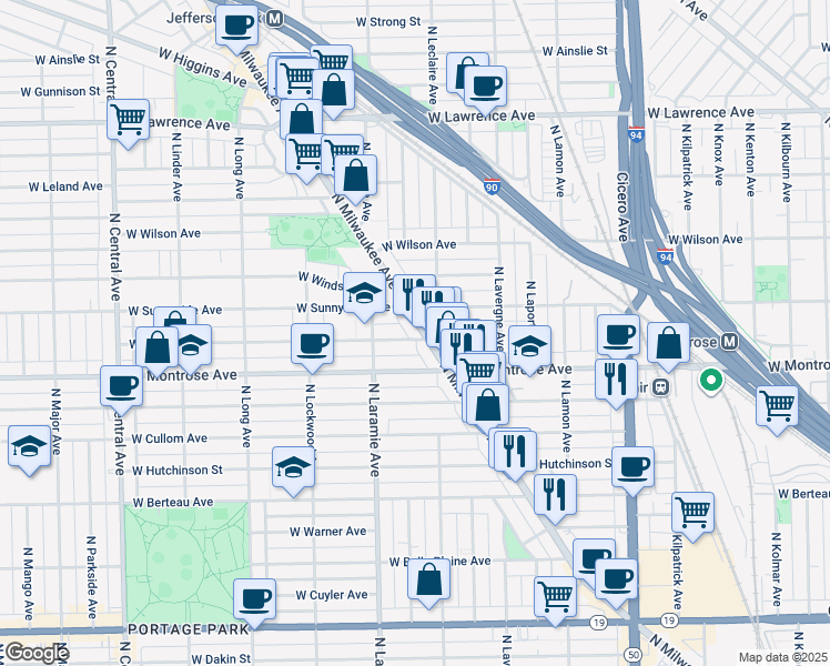 map of restaurants, bars, coffee shops, grocery stores, and more near 4440 North Milwaukee Avenue in Chicago