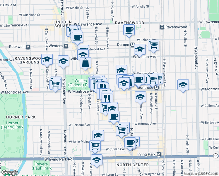 map of restaurants, bars, coffee shops, grocery stores, and more near 2130 West Pensacola Avenue in Chicago