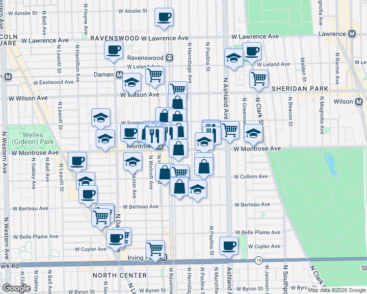 map of restaurants, bars, coffee shops, grocery stores, and more near 4335 North Ravenswood Avenue in Chicago