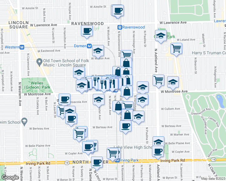 map of restaurants, bars, coffee shops, grocery stores, and more near 1820 West Montrose Avenue in Chicago